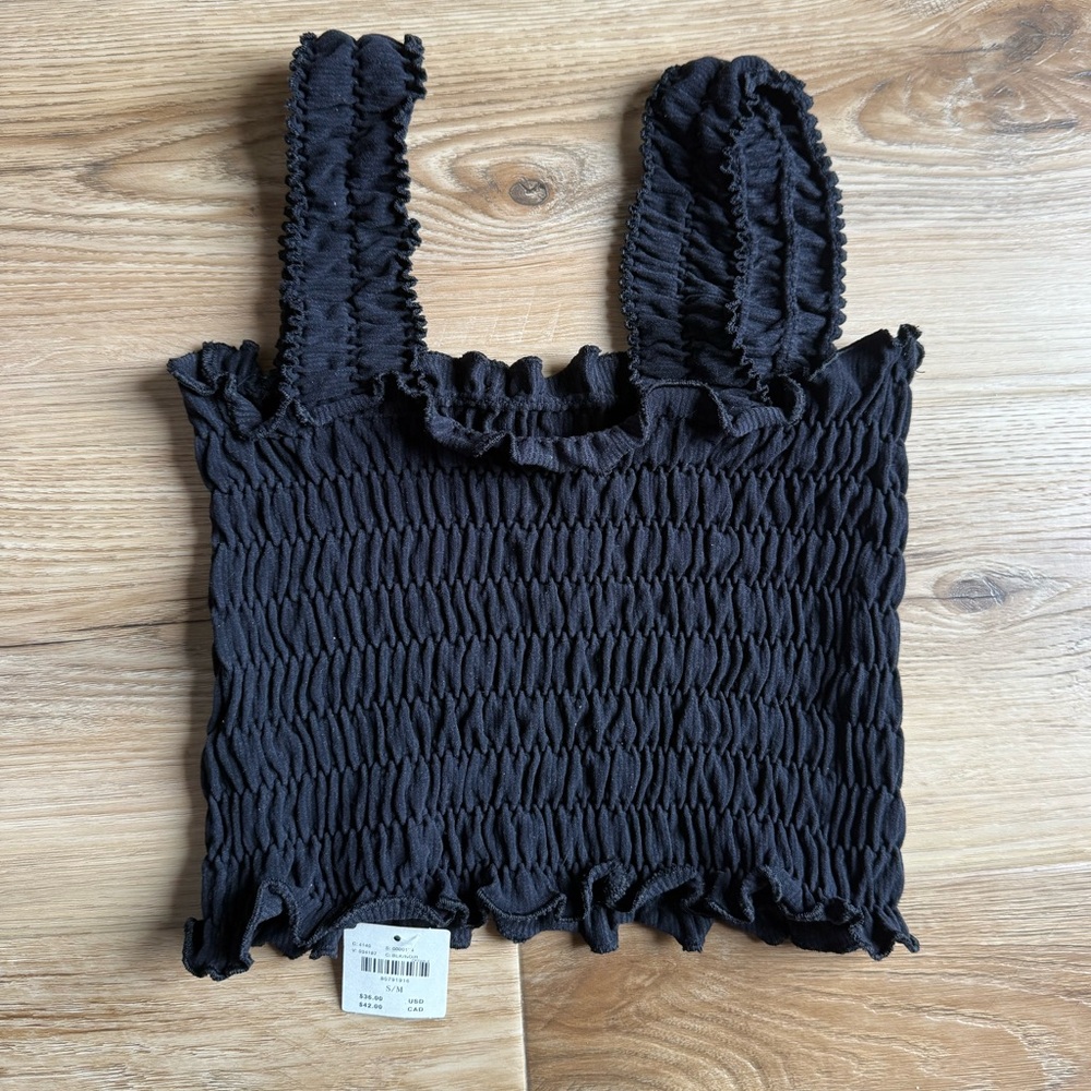 Anthropologie Black Smocked Ruffle Strap Tank NWT